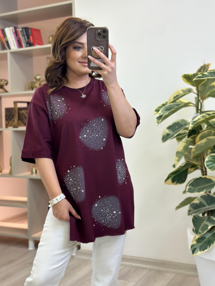 Yuvarlak Taşlı Yanları Yırtmaçlı Tshirt BORDO-23YUST000229