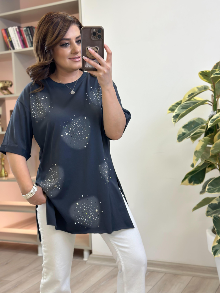 Yuvarlak Taşlı Yanları Yırtmaçlı Tshirt ANTRASİT-23YUST000229