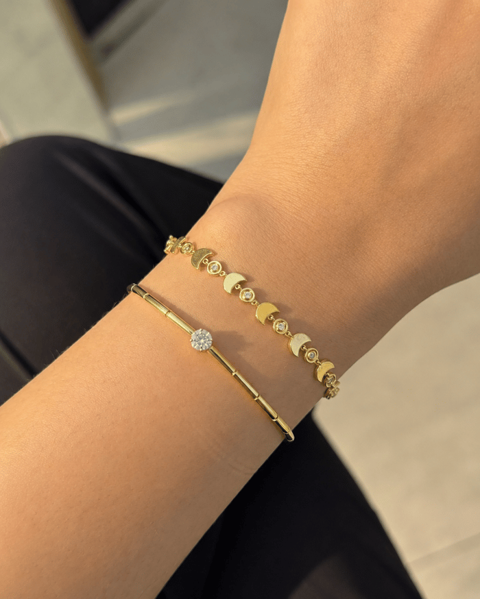 925 Ayar Gümüş Tektaşlı Bileklik Gold Renk