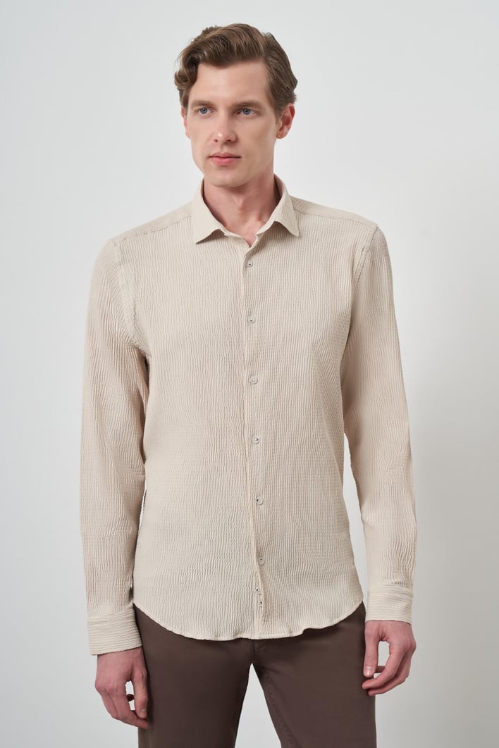 Morven Erkek Bej Gofre Trend Desenli Dynamic Fit İtalyan Yaka Gömlek