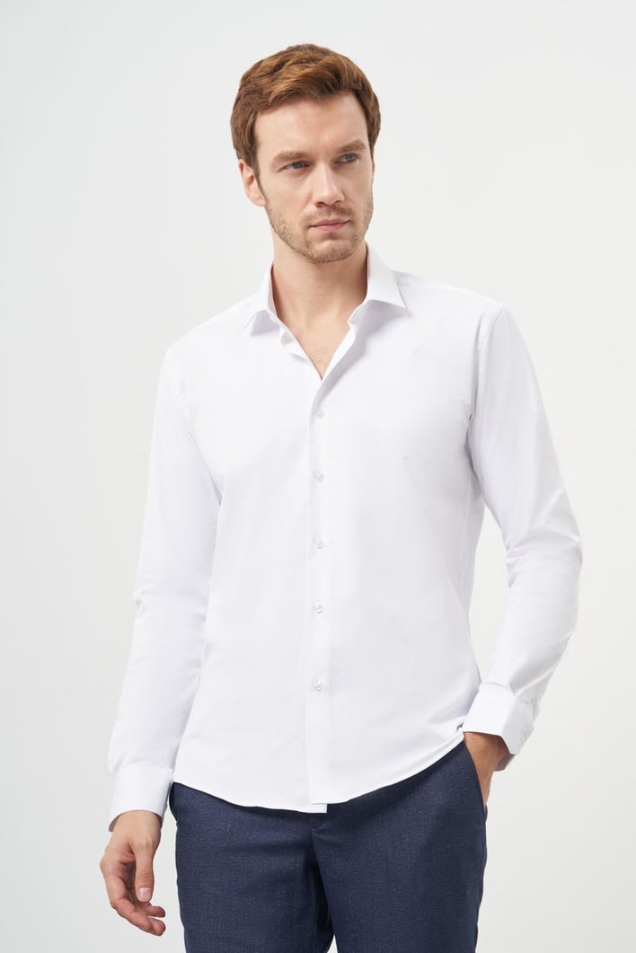 Morven Erkek Beyaz Basic Slim Fit İtalyan Yaka Gömlek