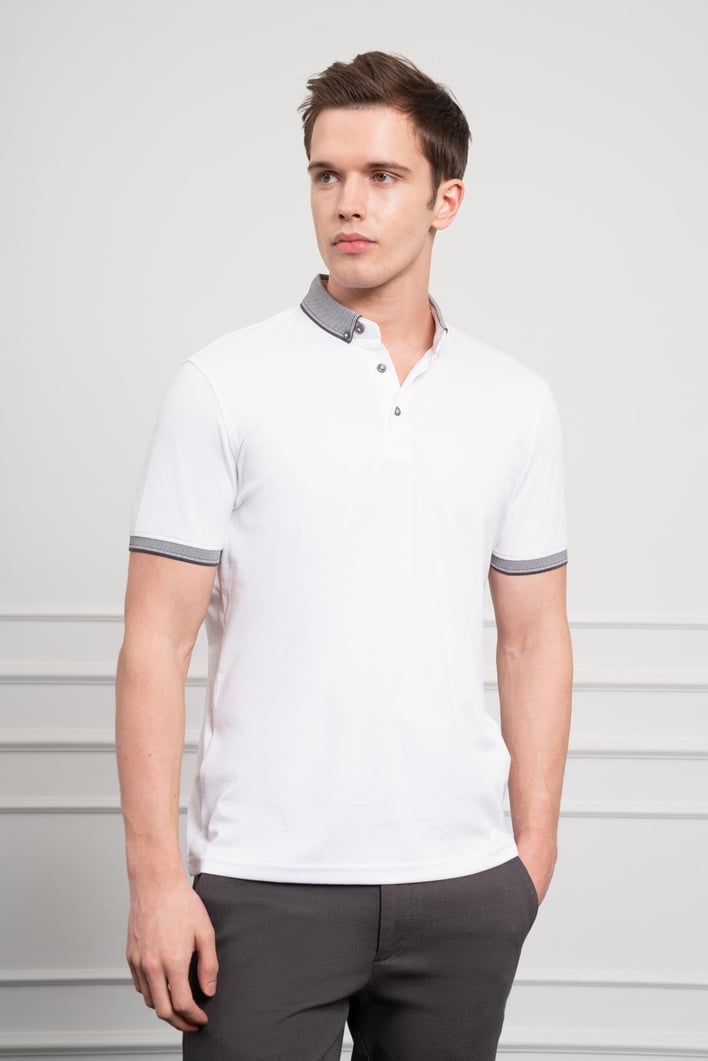 Morven Erkek Beyaz Trend Merserize Düz Düğmeli Yaka Dynamic Fit T-Shirt