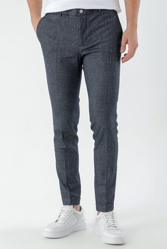Morven Erkek Lacivert Poliviskon-Keten Desenli Yandan Lastikli Slim Fit Pantolon