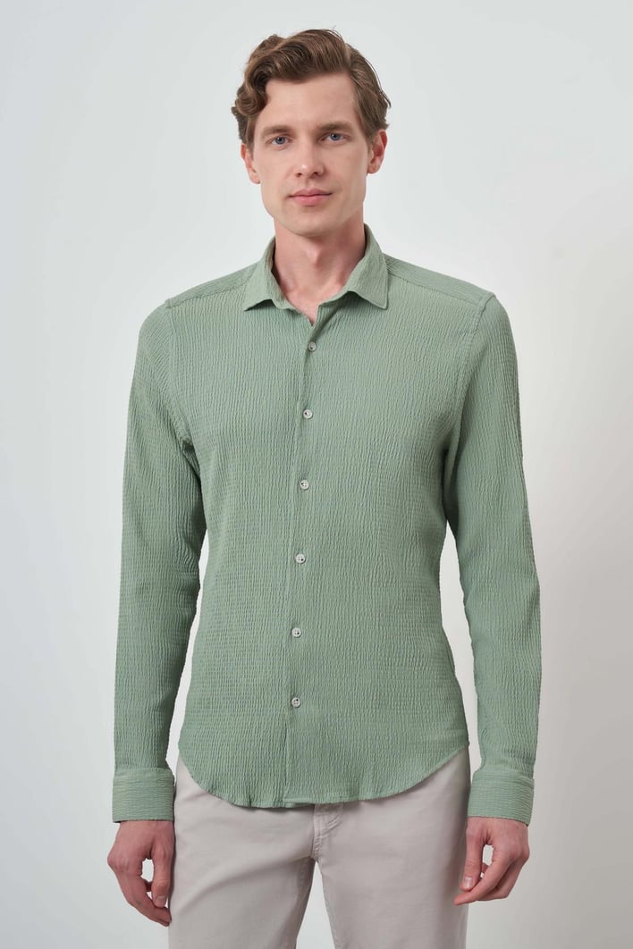 Morven Erkek Mint Yeşili Gofre Trend Desenli Dynamic Fit İtalyan Yaka Gömlek