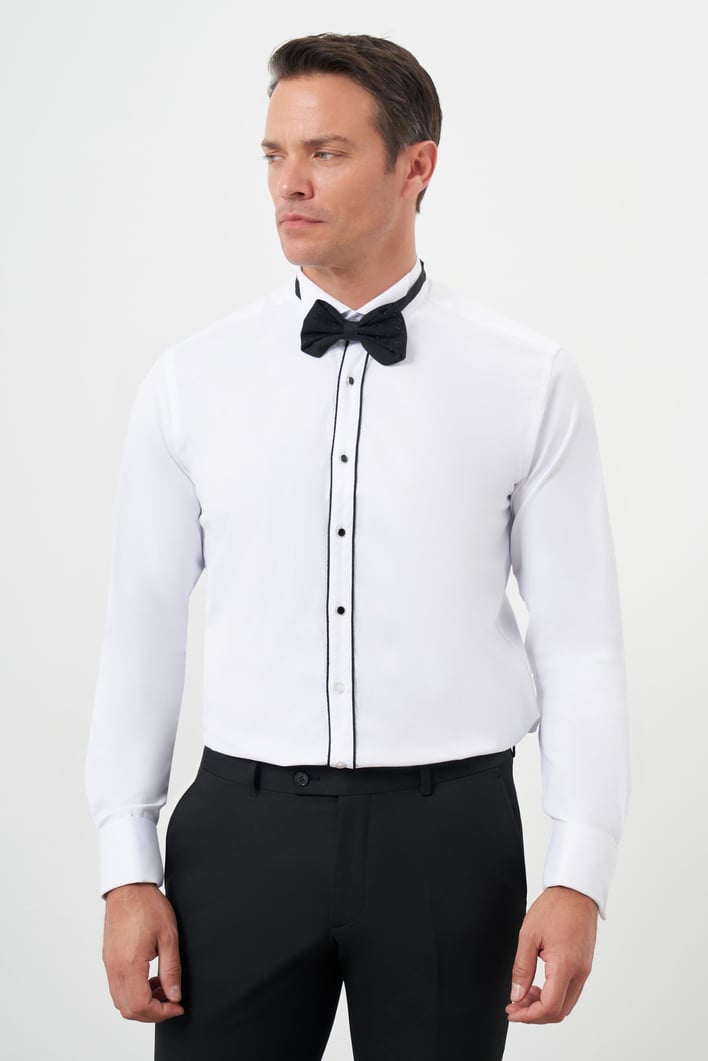 Morven Erkek Siyah Biyeli Düz Desen Ata Yaka Slim Fit Gömlek