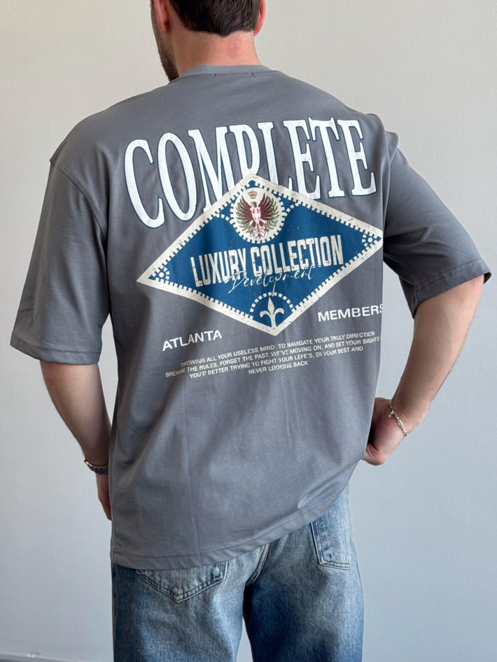Erkek Yüksek Kalite Oversize Kalıp Complate Kabaran Baskı Detay T-Shirt-Füme(E1370)