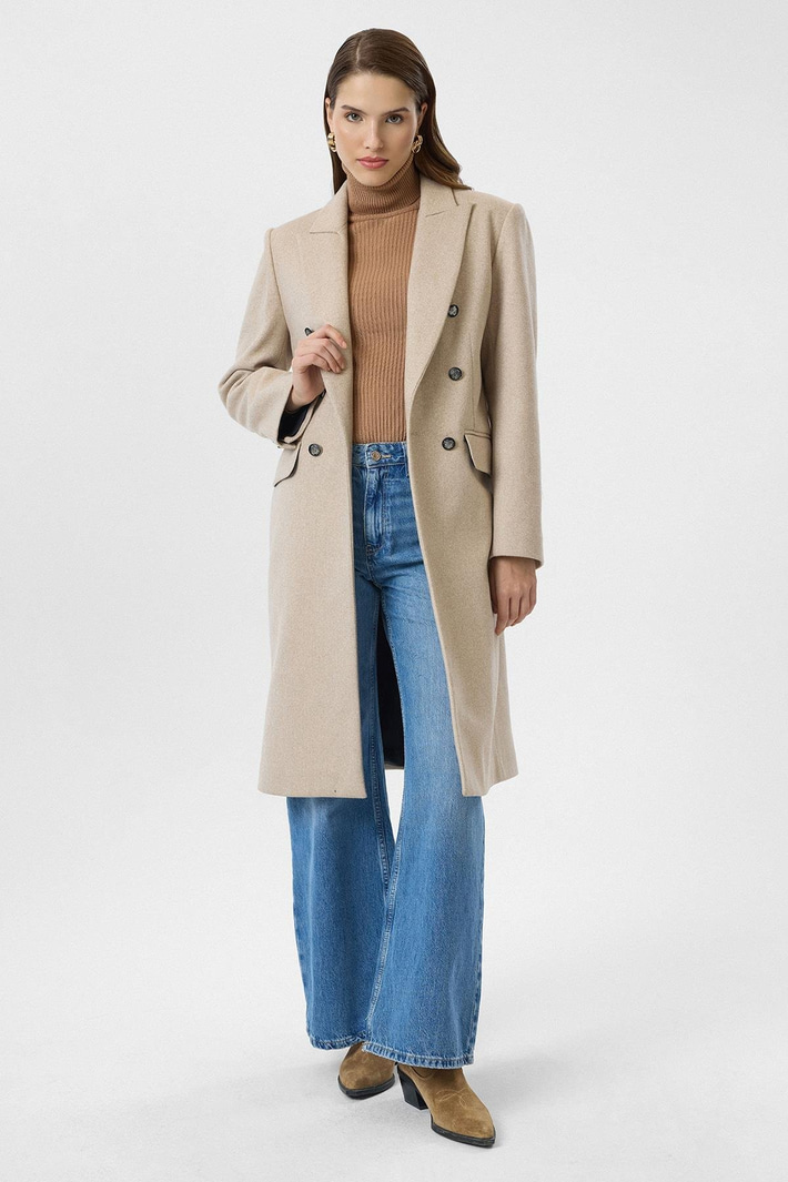 Cep Kapaklı Düğmeli Uzun Kaşe Kaban