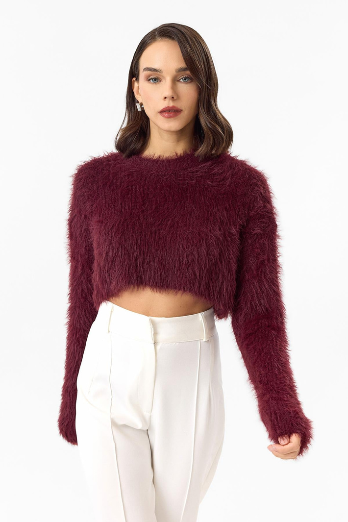 Bisiklet Yaka Crop Kazak