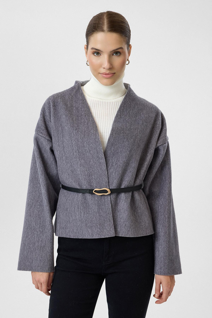 Deri Kemerli Kaşe Kimono