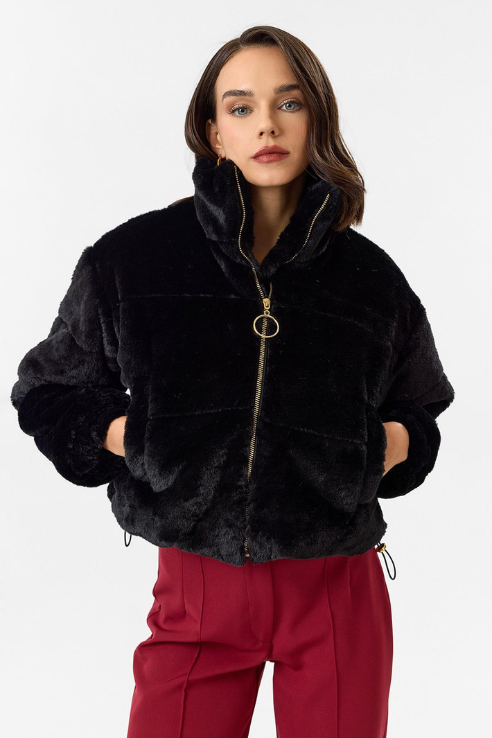 Fleto Cepli Alt Büzgülü Kapitone Peluş Mont