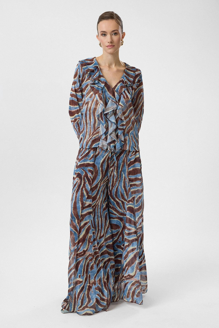 Volanlı Desenli Şifon Bluz