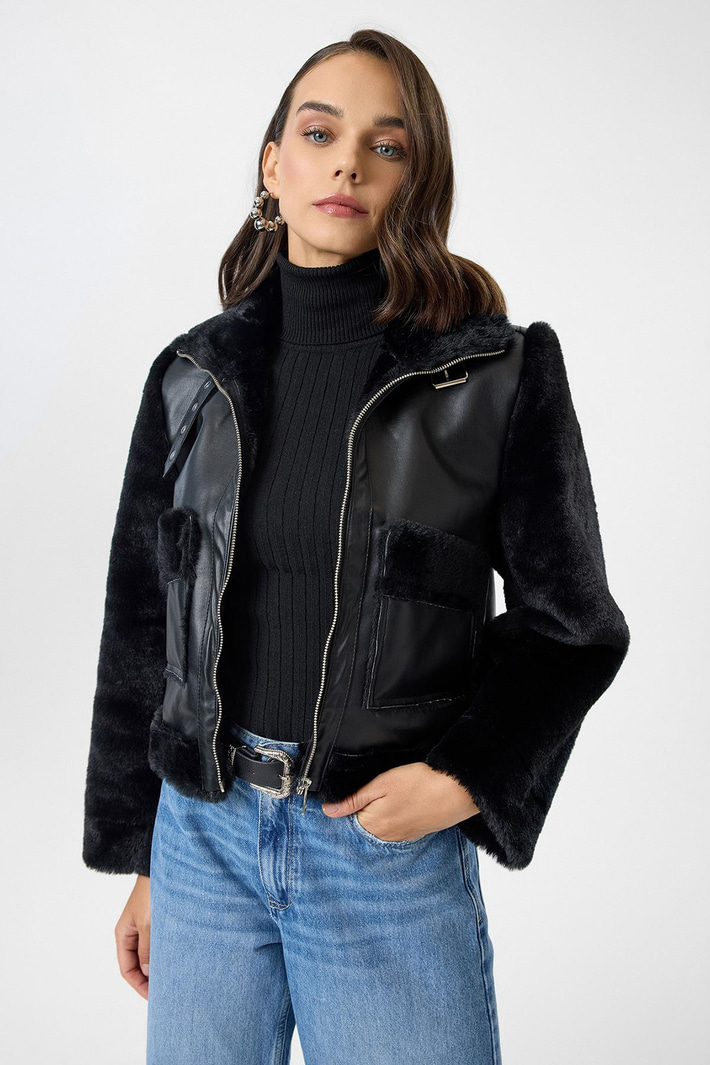 Çift Cepli Deri Peluş Mont