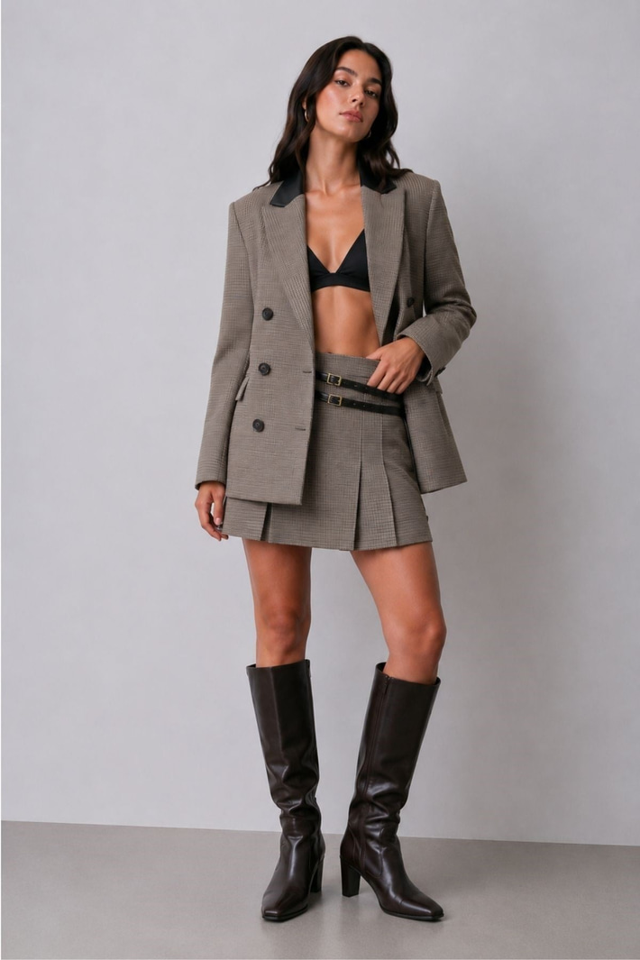 Kruvaze Yaka Ekose Blazer Ceket