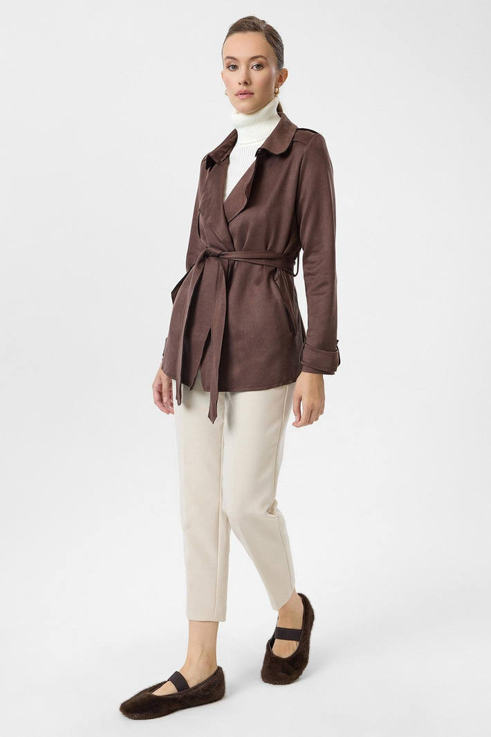 Kuşaklı Cepli Süet Trençkot