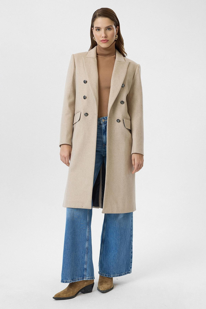 Cep Kapaklı Düğmeli Uzun Kaşe Kaban