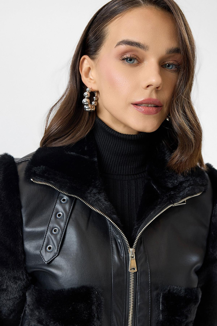 Çift Cepli Deri Peluş Mont