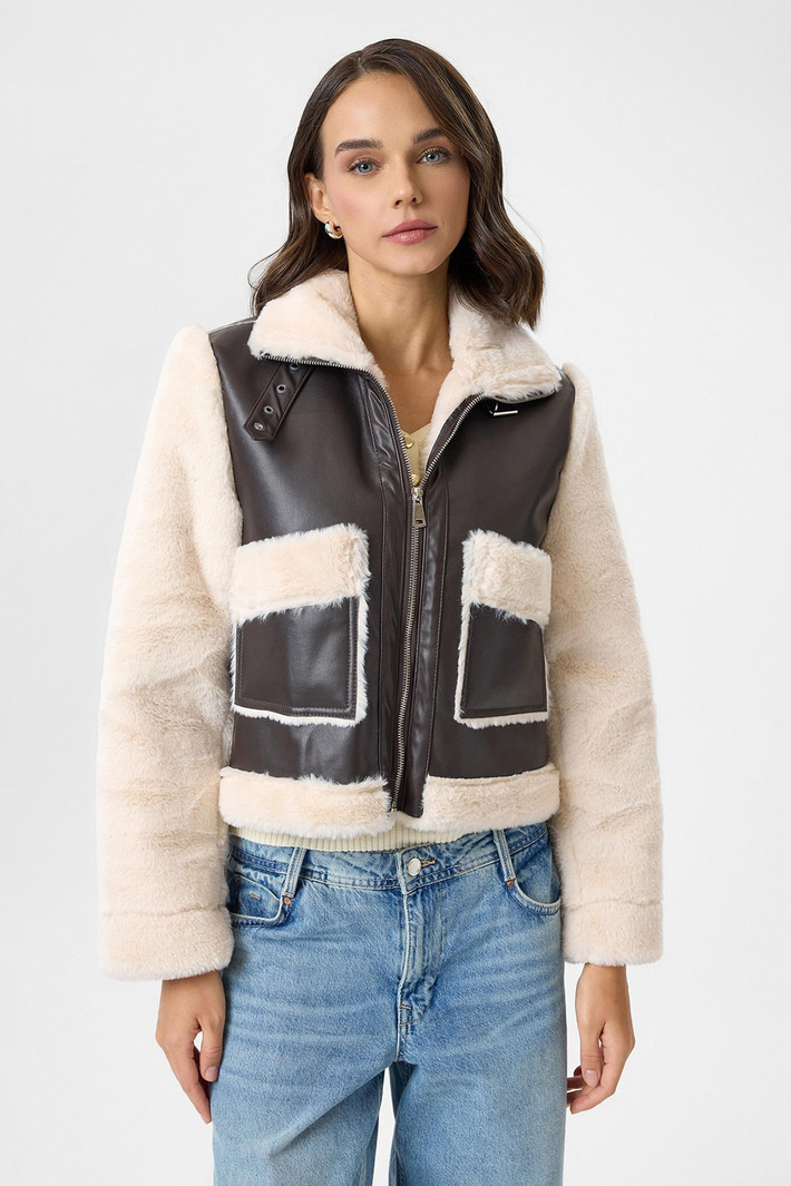 Çift Cepli Deri Peluş Mont