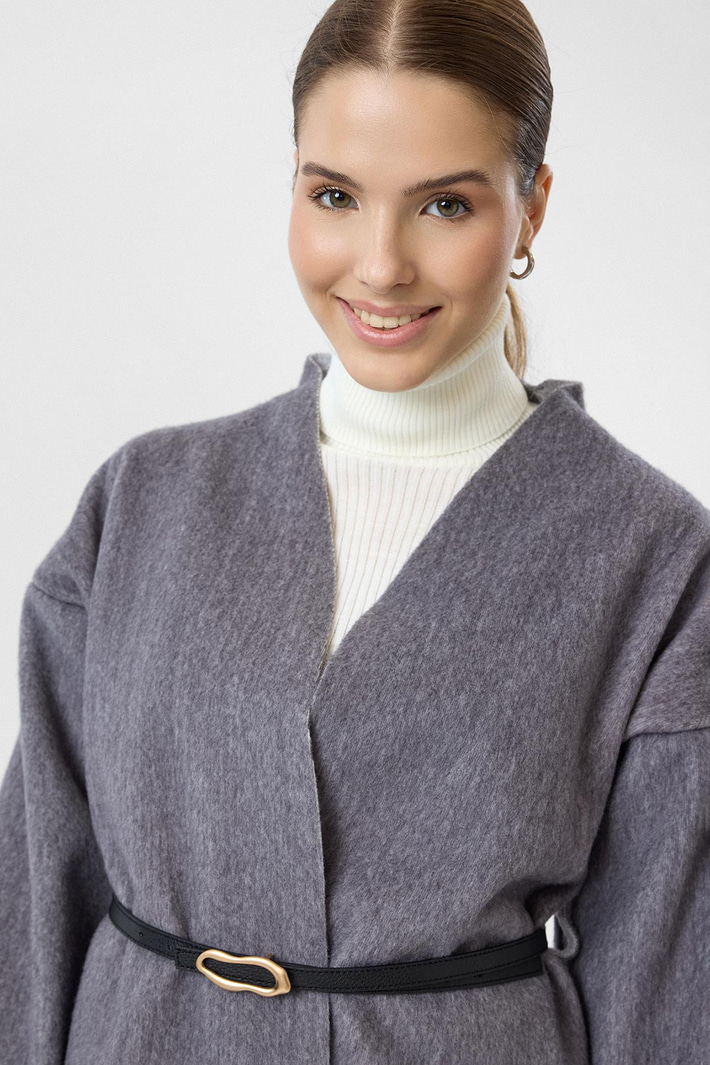 Deri Kemerli Kaşe Kimono