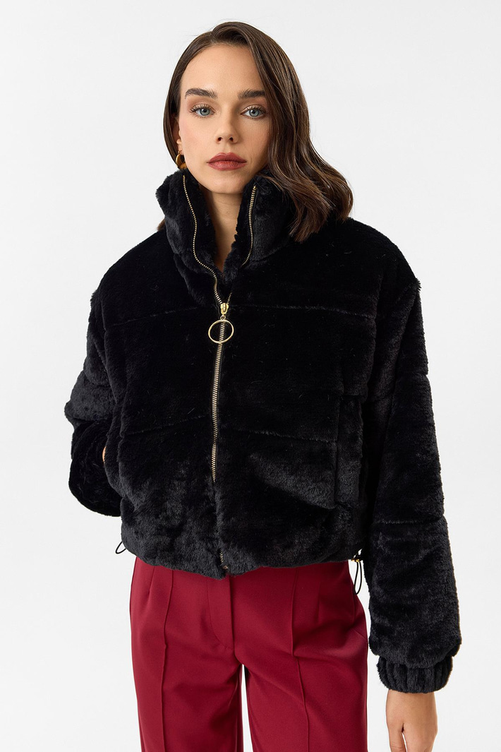 Fleto Cepli Alt Büzgülü Kapitone Peluş Mont