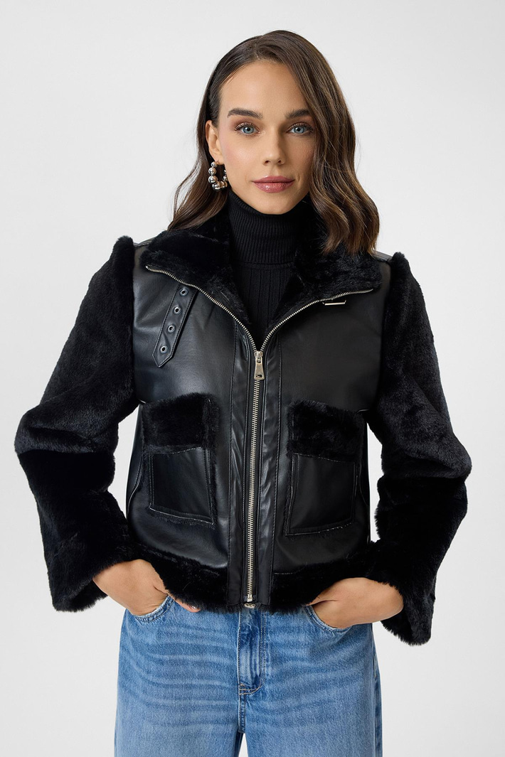 Çift Cepli Deri Peluş Mont