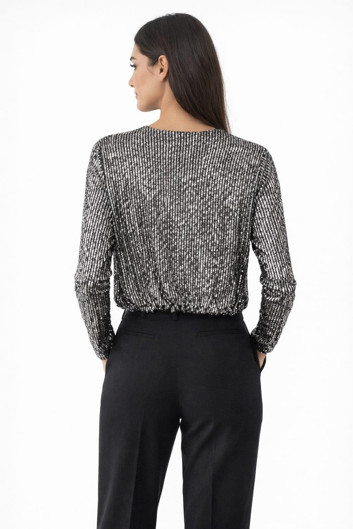 Kruvaze Beli Lastikli Pul Payet Bluz - Gri