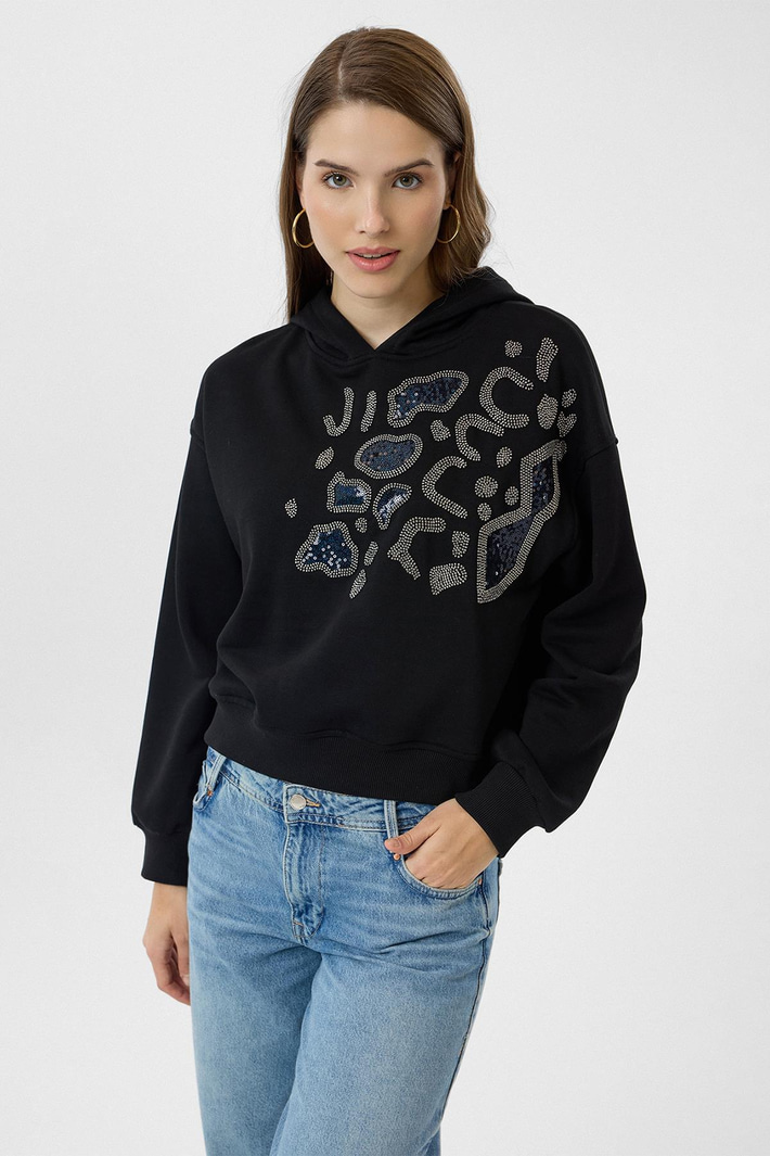 Kapüşonlu Boncuk Nakışlı Crop Sweatshirt