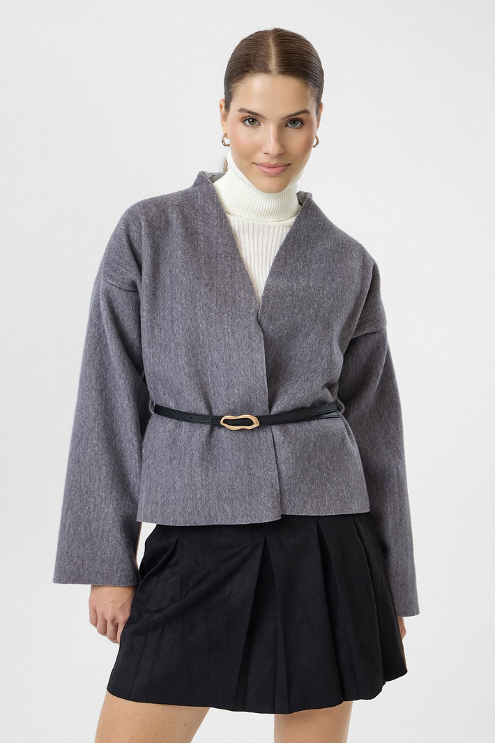 Deri Kemerli Kaşe Kimono