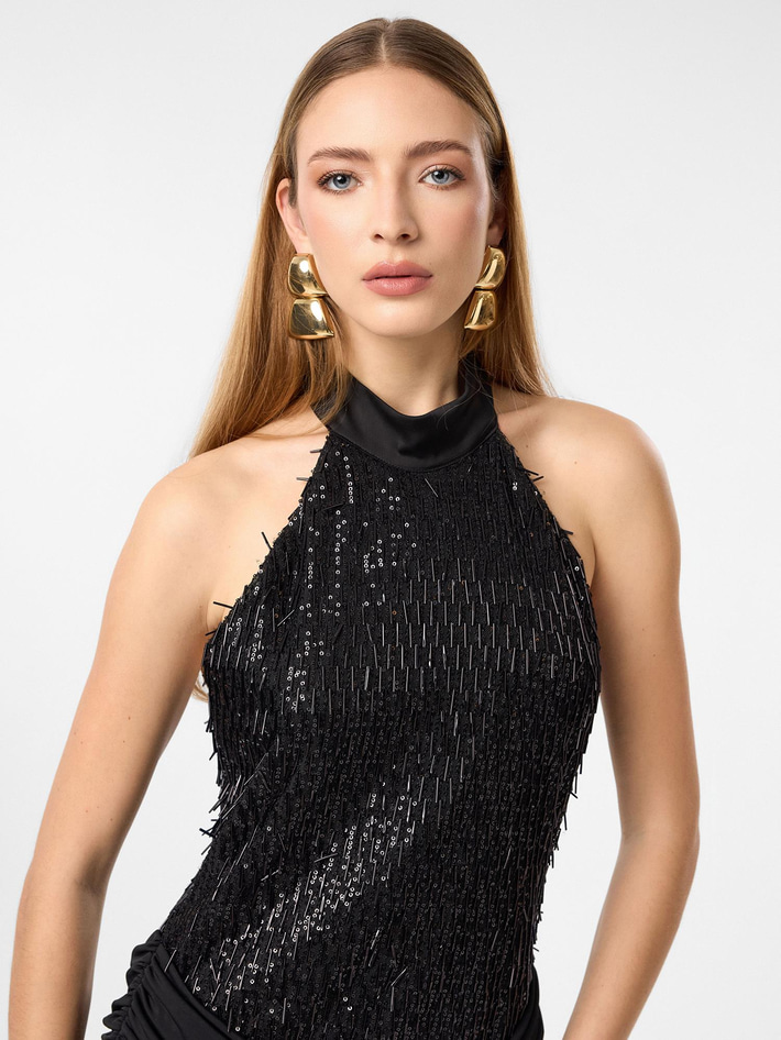 Halter Yaka Drape Boncuklu Elbise