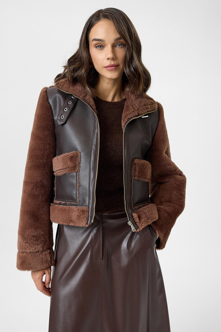Çift Cepli Deri Peluş Mont