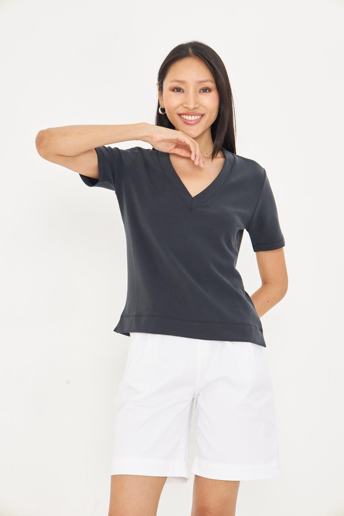 V Yaka Oversize Modal T-shirt - Siyah