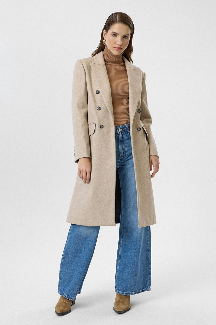 Cep Kapaklı Düğmeli Uzun Kaşe Kaban