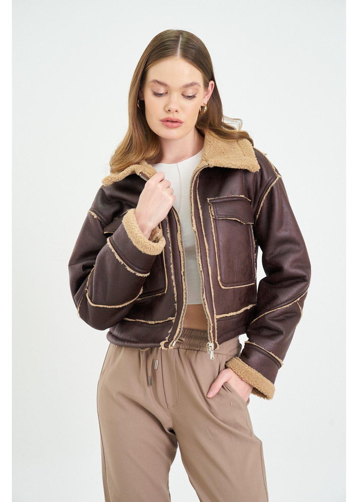 Çift Cepli Peluş Deri Mont