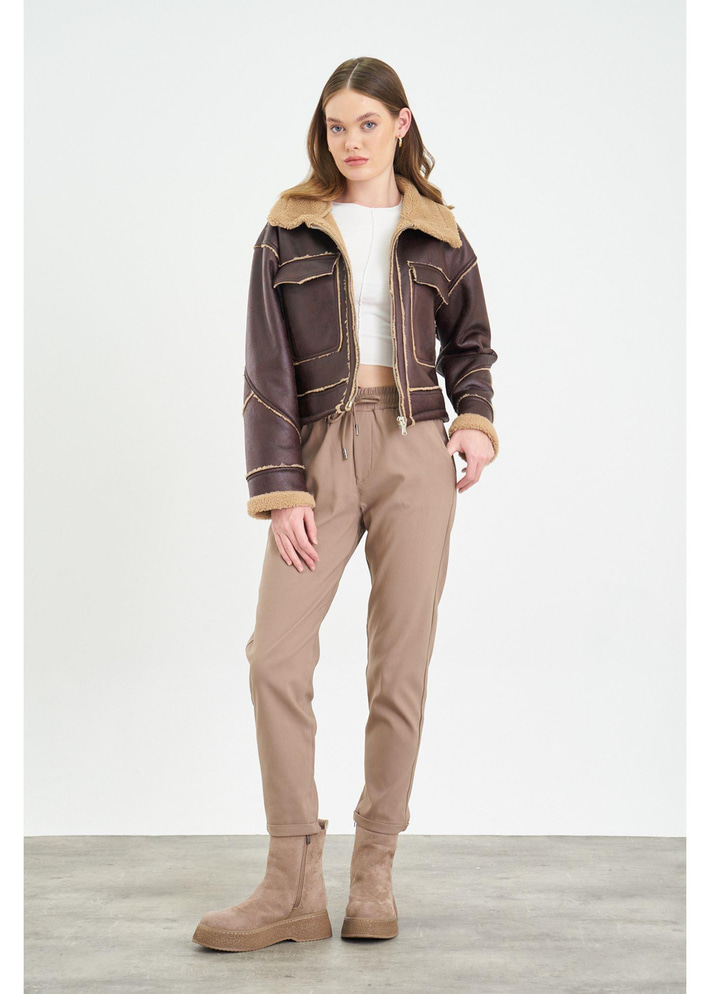 Çift Cepli Peluş Deri Mont