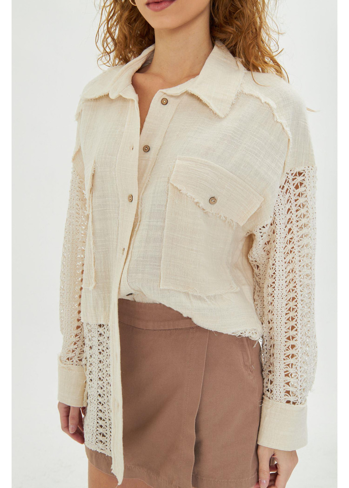 Dantel Garnili Ketenli Müslin Gömlek 