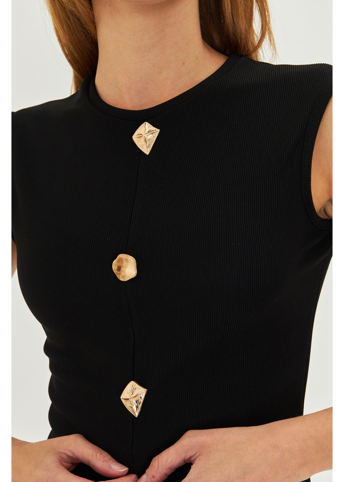 Düğme Detaylı Sıfır Kol Bluz - Siyah