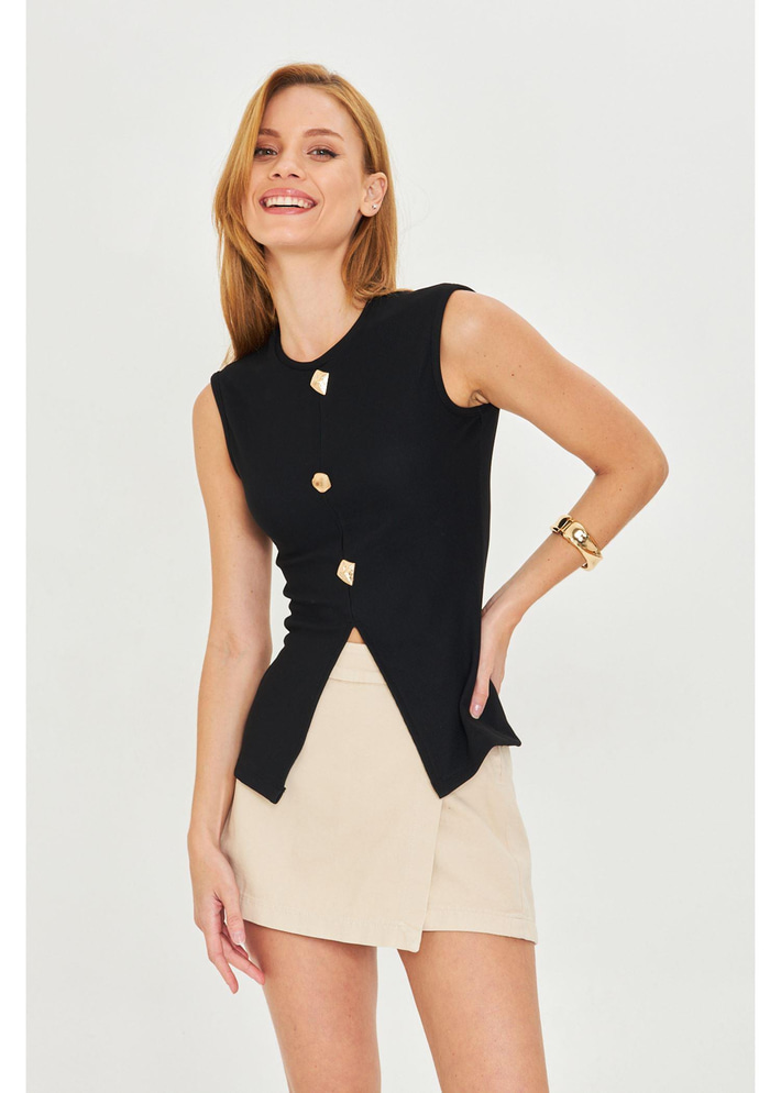 Düğme Detaylı Sıfır Kol Bluz - Siyah