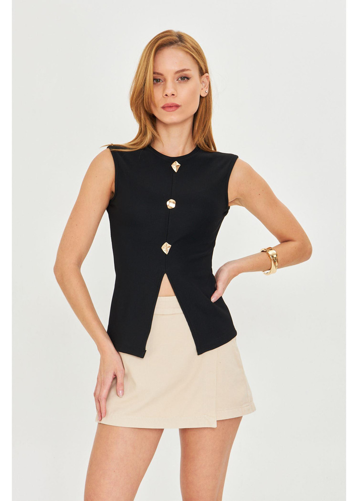 Düğme Detaylı Sıfır Kol Bluz - Siyah