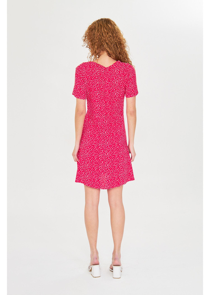 Düğmeli Çiçekli Viskon Elbise 