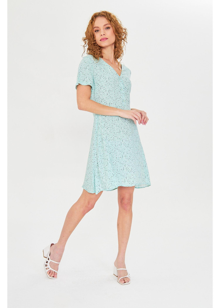 Düğmeli Çiçekli Viskon Elbise 