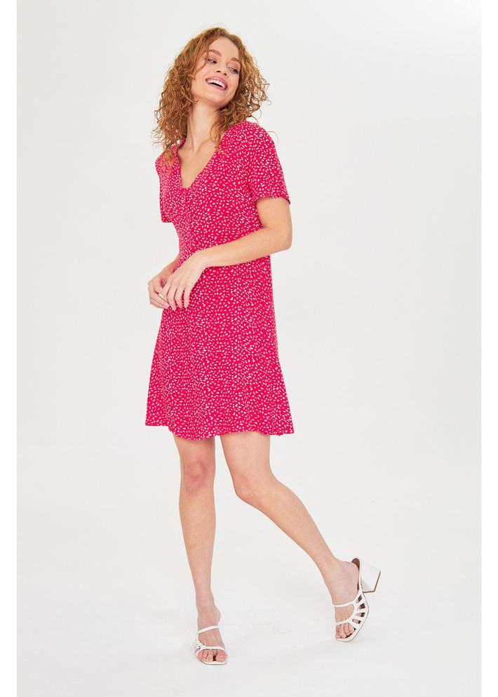 Düğmeli Çiçekli Viskon Elbise 