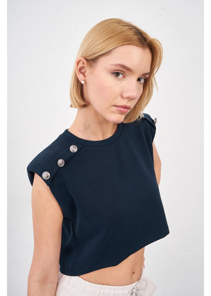 Düğmeli Sıfır Kol Modal Crop Bluz