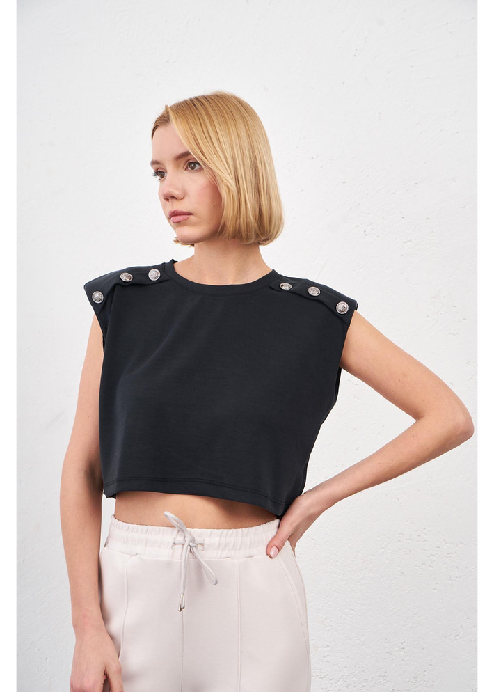 Düğmeli Sıfır Kol Modal Crop Bluz