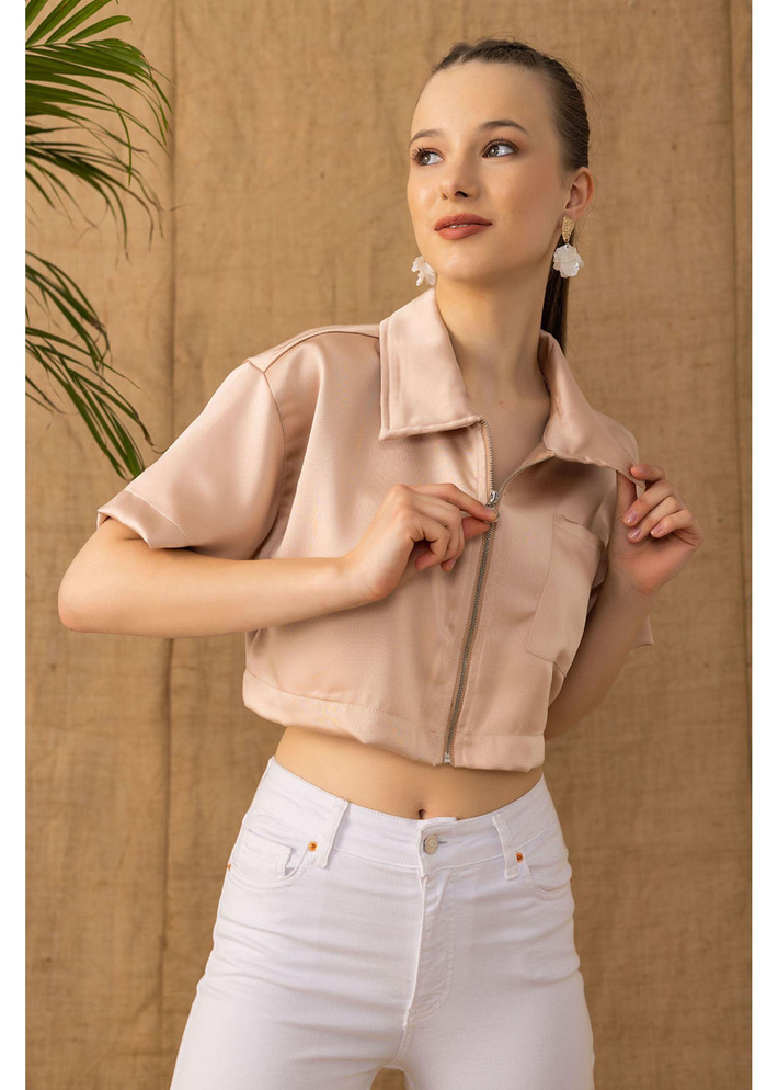 Fermuarlı Kısa Saten Gömlek 