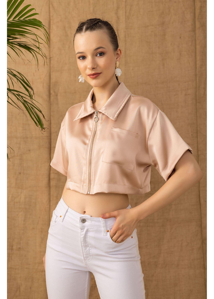 Fermuarlı Kısa Saten Gömlek 