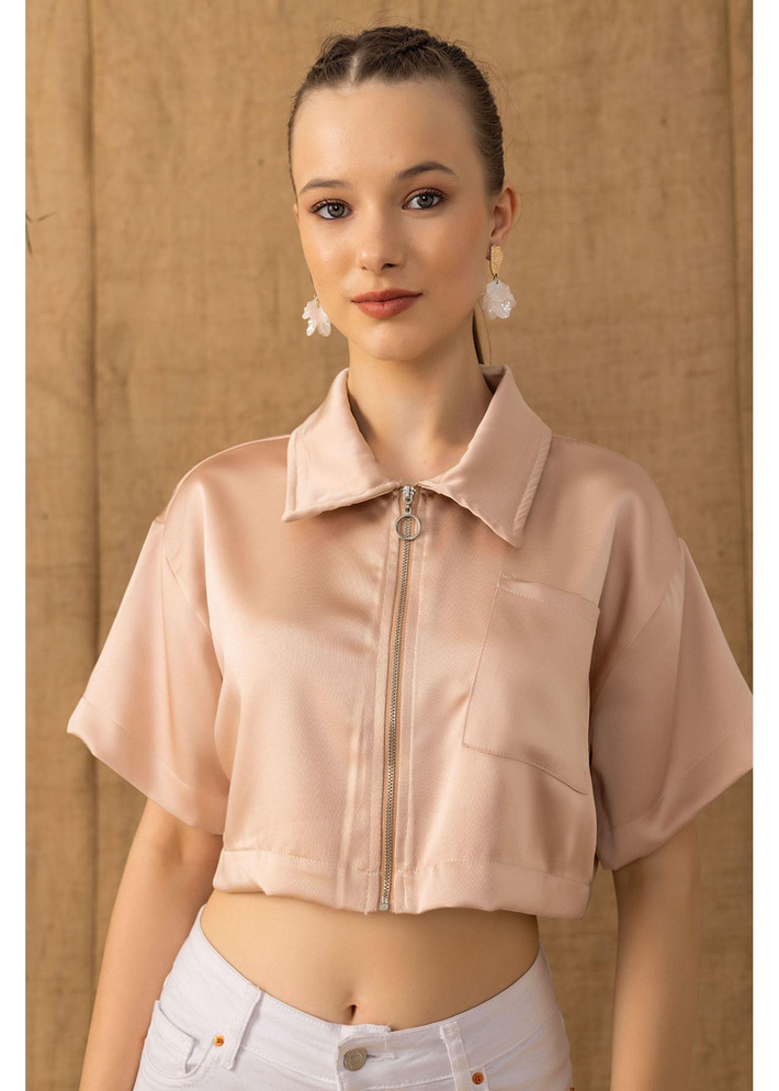 Fermuarlı Kısa Saten Gömlek 