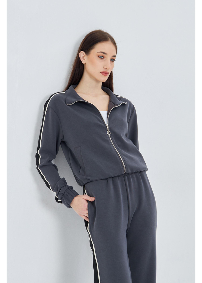 Fermuarlı Şeritli Modal Sweatshirt 