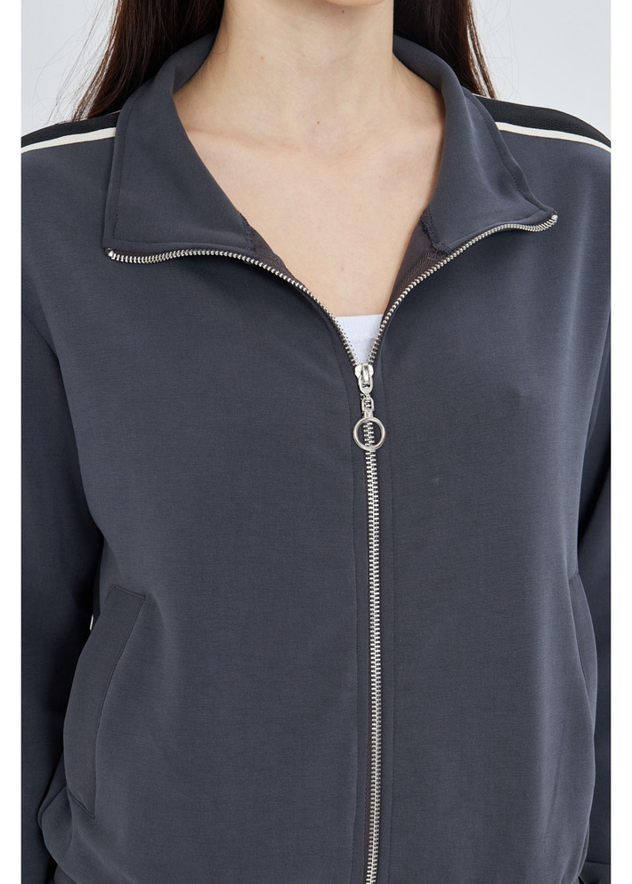 Fermuarlı Şeritli Modal Sweatshirt 