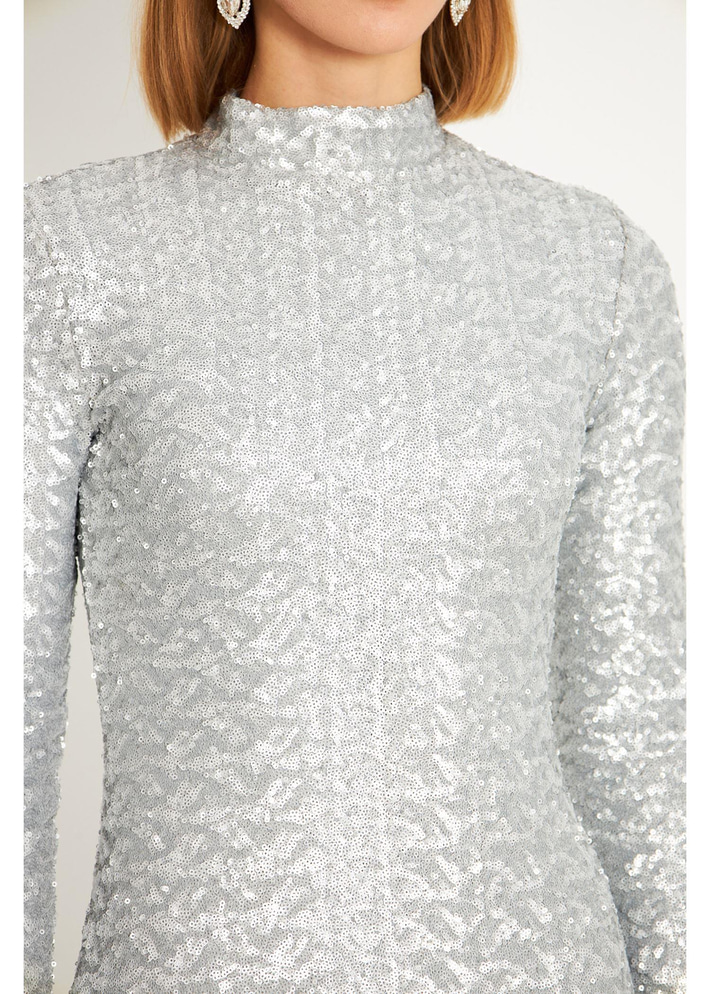 Hakim Yaka Gümüş Pul Payet Elbise 