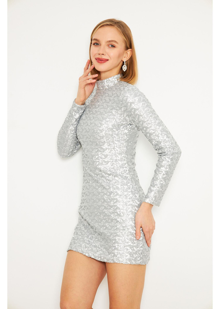 Hakim Yaka Gümüş Pul Payet Elbise 