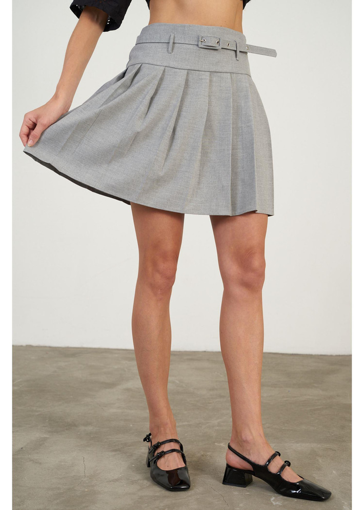 Kemerli Pile Detaylı Poliviskon Etek